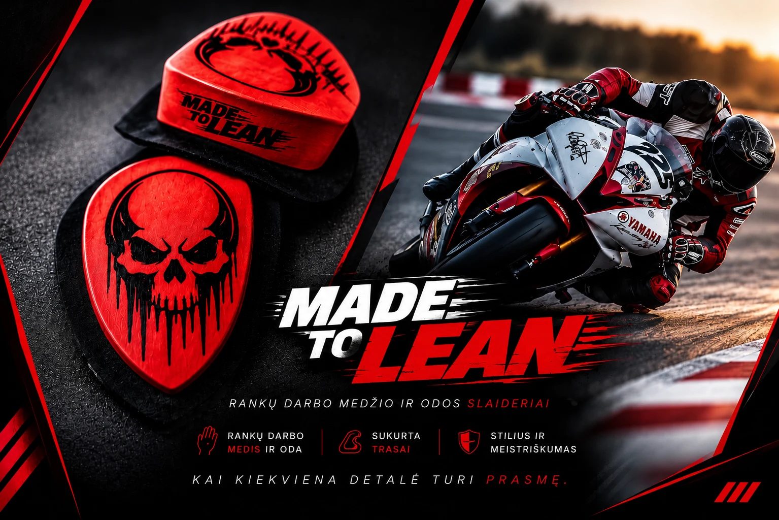 Made to Lean rankų darbo slaideriai ir motociklininkas trasoje